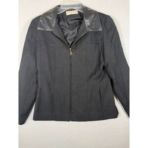 Sandro Vintage 100% Pure Wool Jacket Charcoal Gray Leather Collar Womens 12
